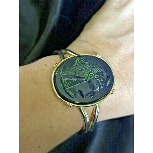 Pharaoh Egyptian Revival Cuff Bracelet Blue Glass & Gold Tone Statement Bracelet - Picture 7 of 13